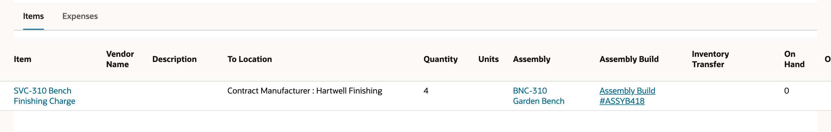 The saved receipt line shows Quantity 4, the assembly, Assembly Build #ASSYB418 as a link and a blank Inventory Transfer column.