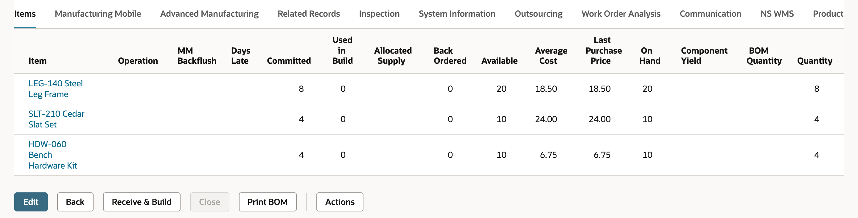 The Items subtab of the released work order shows Committed 8 for LEG-140 Steel Leg Frame and 4 each for SLT-210 Cedar Slat Set and HDW-060 Bench Hardware Kit.
