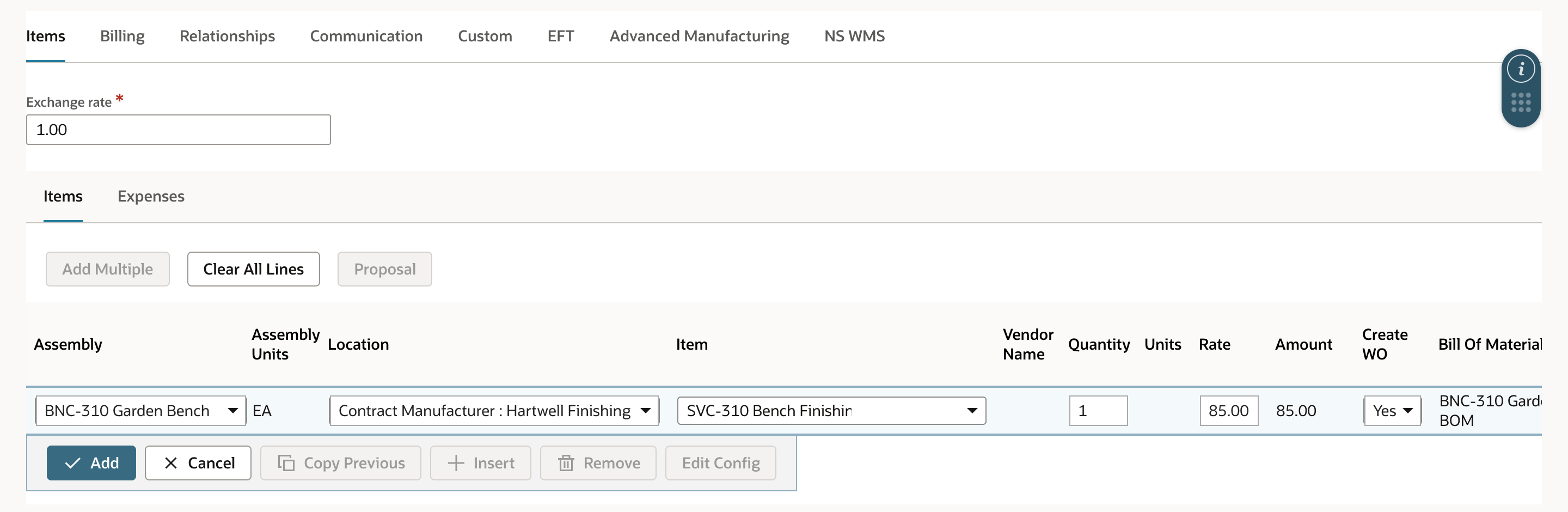 The new purchase order line shows BNC-310 Garden Bench, Assembly Units EA, Location Contract Manufacturer : Hartwell Finishing, the SVC-310 Bench Finishing Charge, Quantity 1, Rate 85.00 and Create WO Yes.