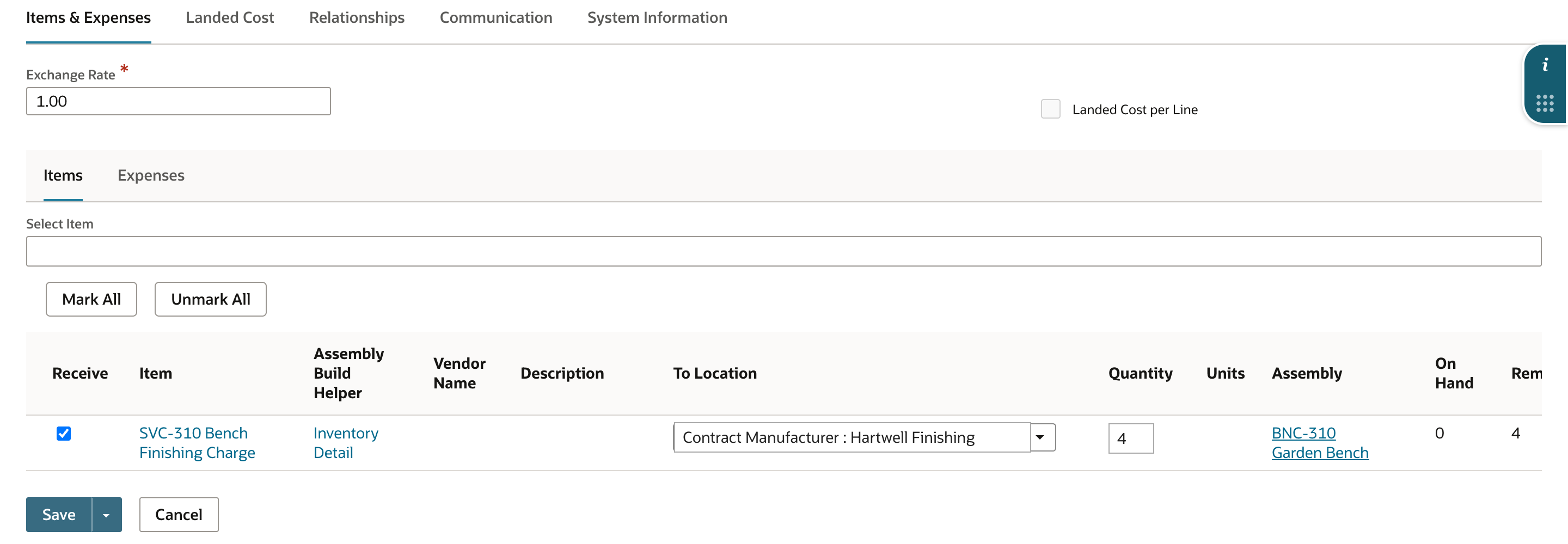 The item receipt line shows the SVC-310 Bench Finishing Charge, an Inventory Detail link under Assembly Build Helper, To Location Contract Manufacturer : Hartwell Finishing, Quantity 4 and the assembly BNC-310 Garden Bench.