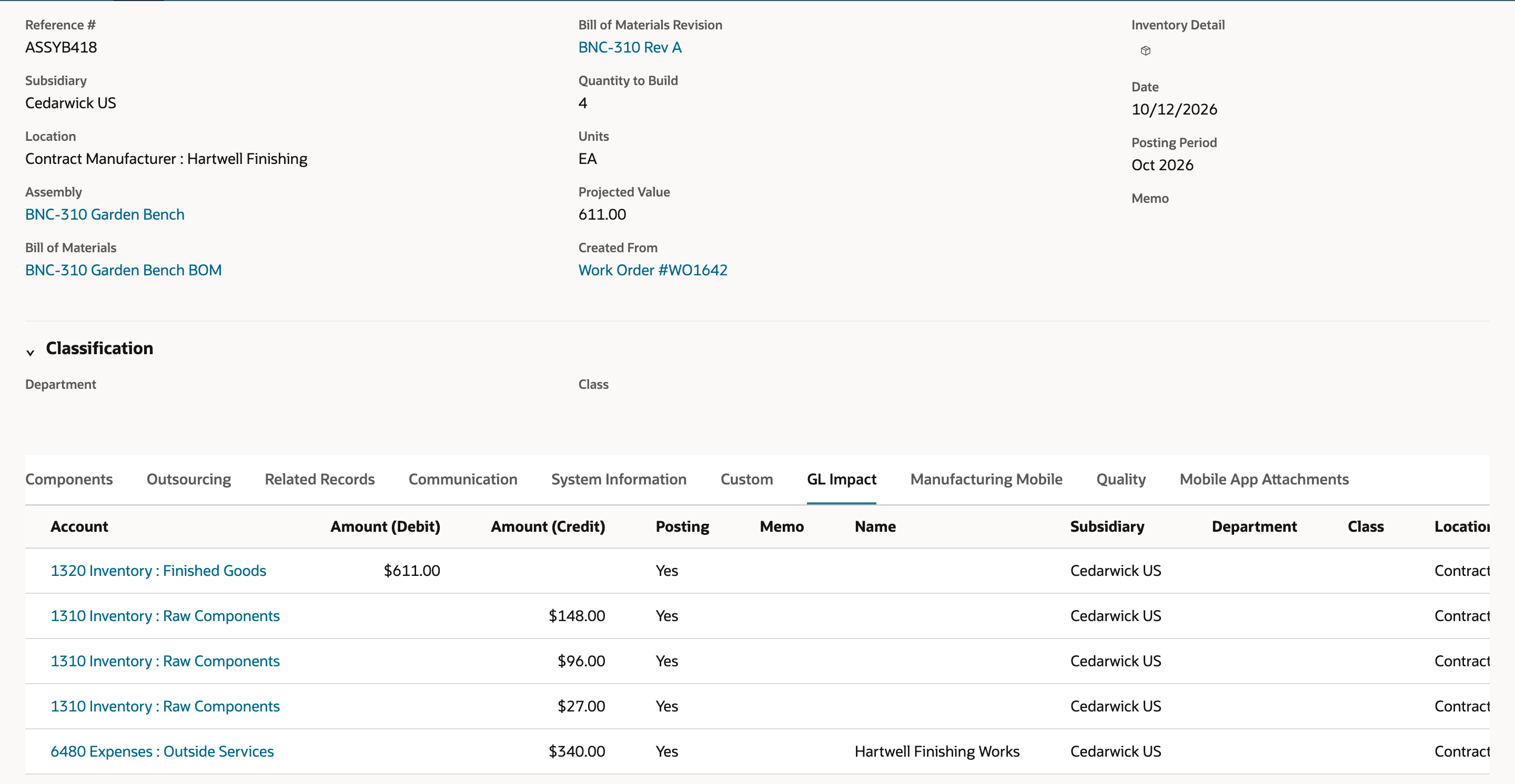Assembly Build ASSYB418 shows Quantity to Build 4 and Projected Value 611.00, and its GL Impact debits Finished Goods 611.00 and credits Raw Components 148.00, 96.00 and 27.00 and Outside Services 340.00.