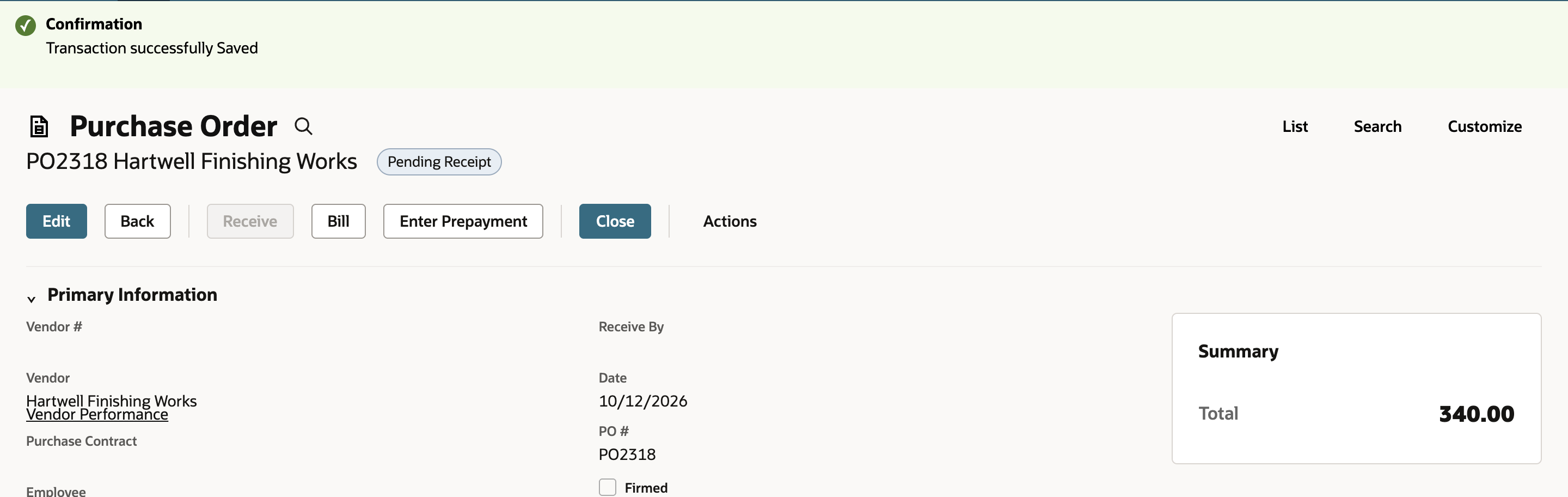 Purchase order PO2318 for Hartwell Finishing Works with status Pending Receipt, a dimmed Receive button and a Total of 340.00.