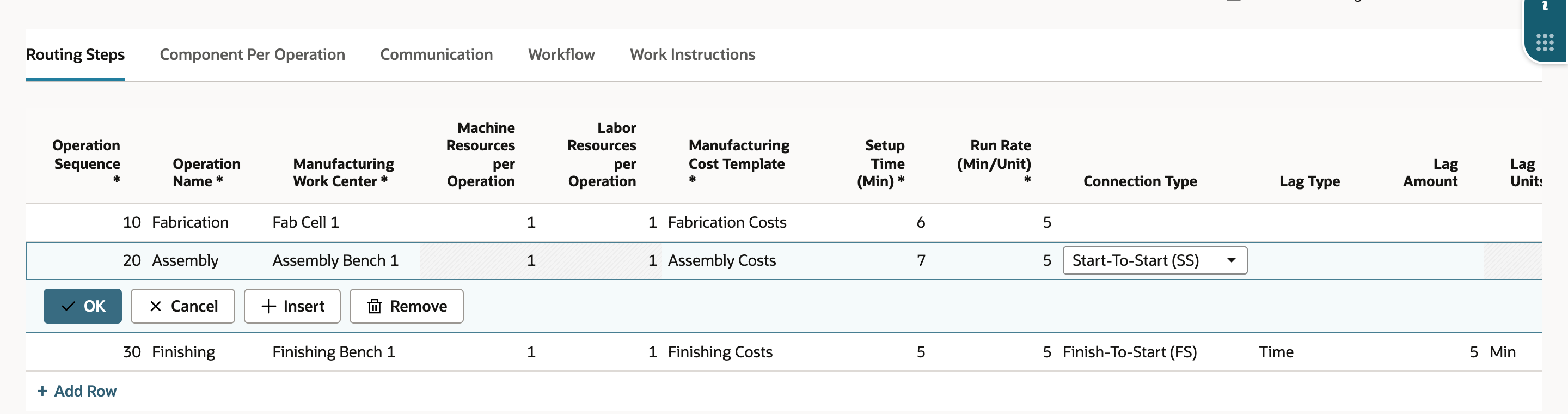 The step 20 Assembly line is open with Connection Type set to Start-To-Start (SS) and the OK, Cancel, Insert and Remove buttons below it.
