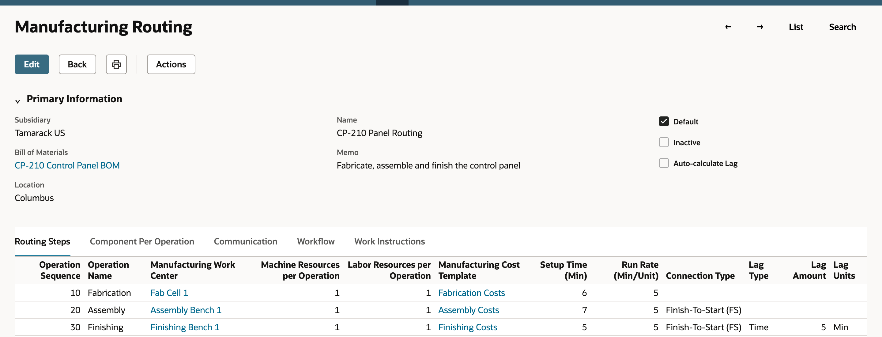 The CP-210 Panel Routing lists three steps; step 20 Assembly has Connection Type Finish-To-Start (FS).