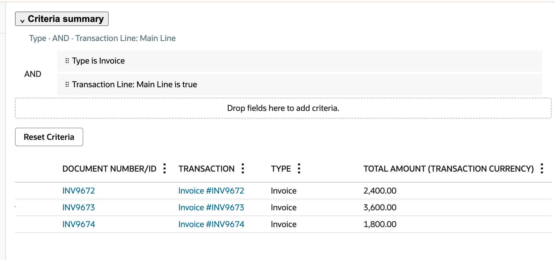 The criteria combine Invoice with Transaction Line Main Line true.