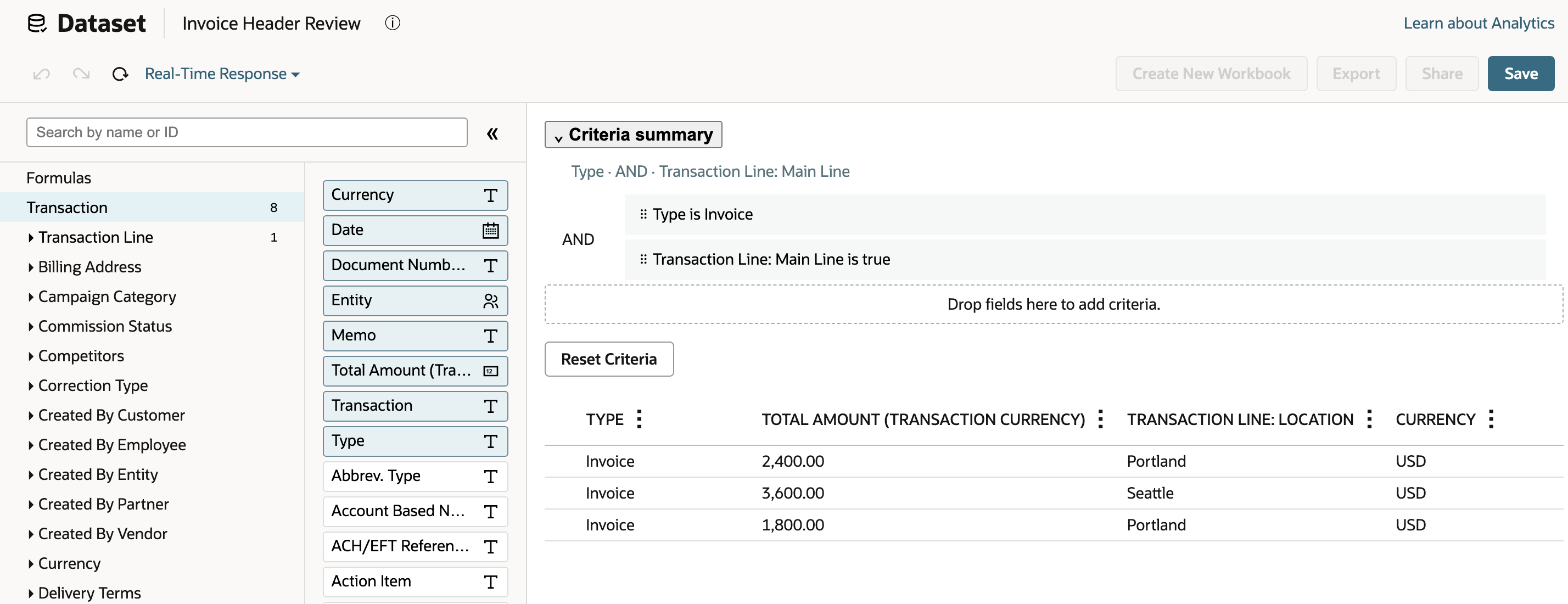 The reopened dataset retains its invoice criteria and context columns.