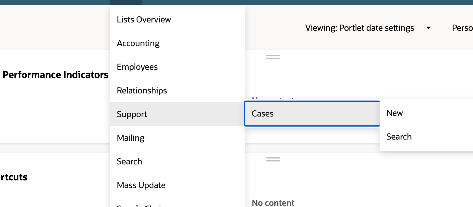 The Lists menu expands to Support and Cases.