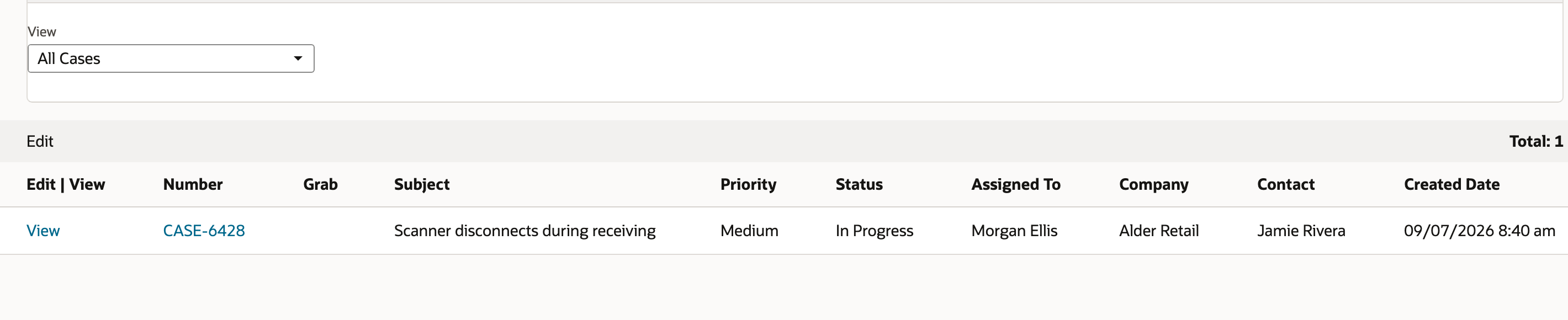 The same case now has an assigned owner and In Progress status.