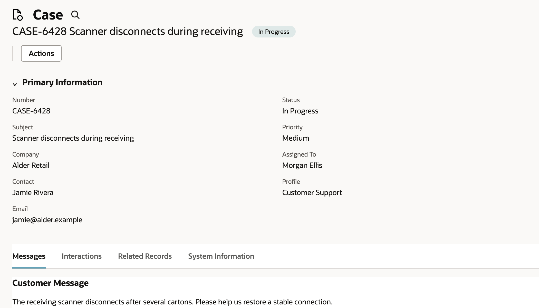 The case detail retains the reported issue and shows its assigned owner.