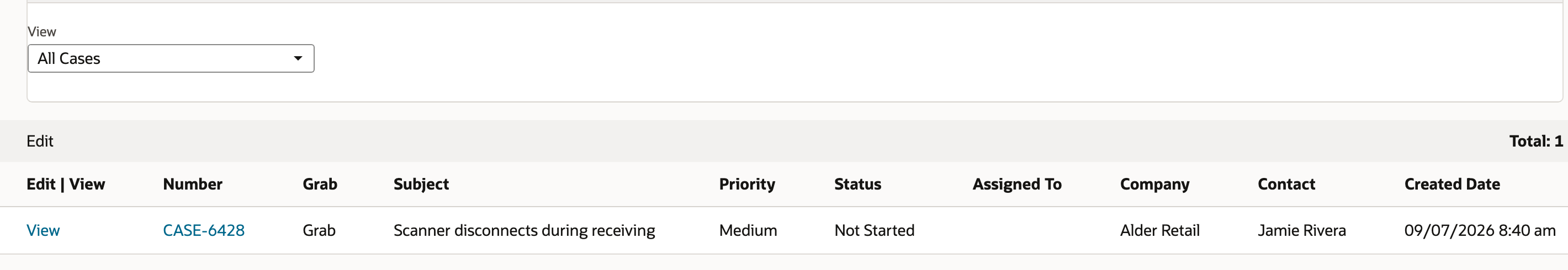 The unassigned case has a Grab link beside its number.