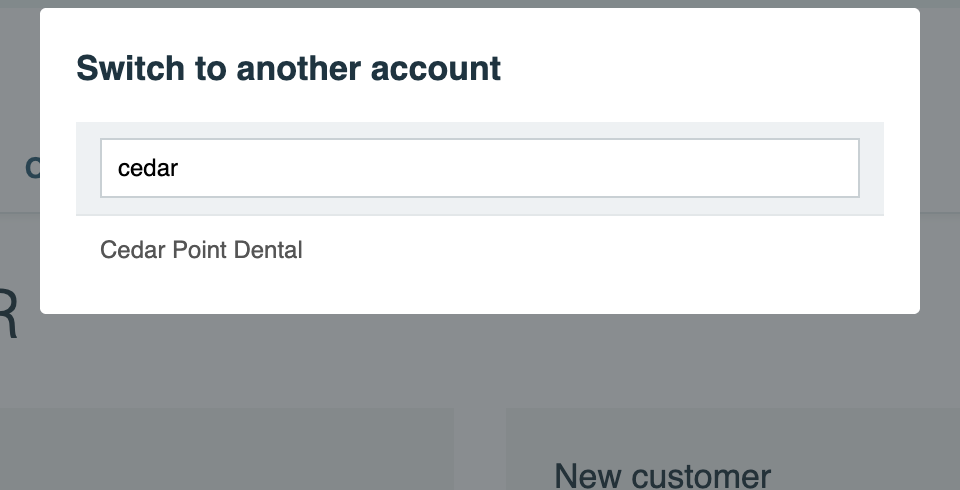 The Switch to another account dialog with cedar typed in the search box and a single result, Cedar Point Dental.