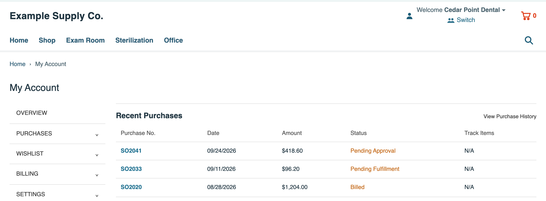 My Account back on Welcome Cedar Point Dental, with Recent Purchases SO2041, SO2033, and SO2020.