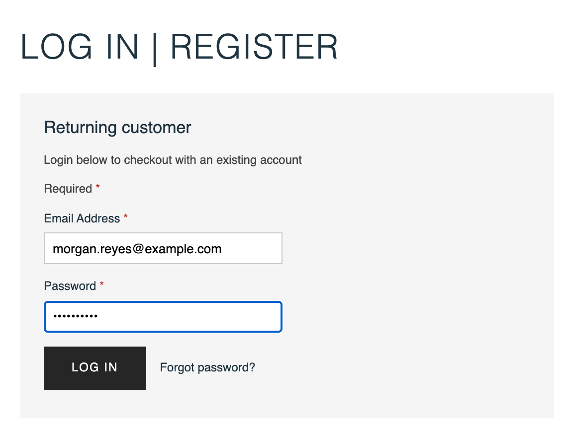 The Returning customer panel on the store's Log In | Register page with morgan.reyes@example.com in Email Address, a masked password, and the Log In button.