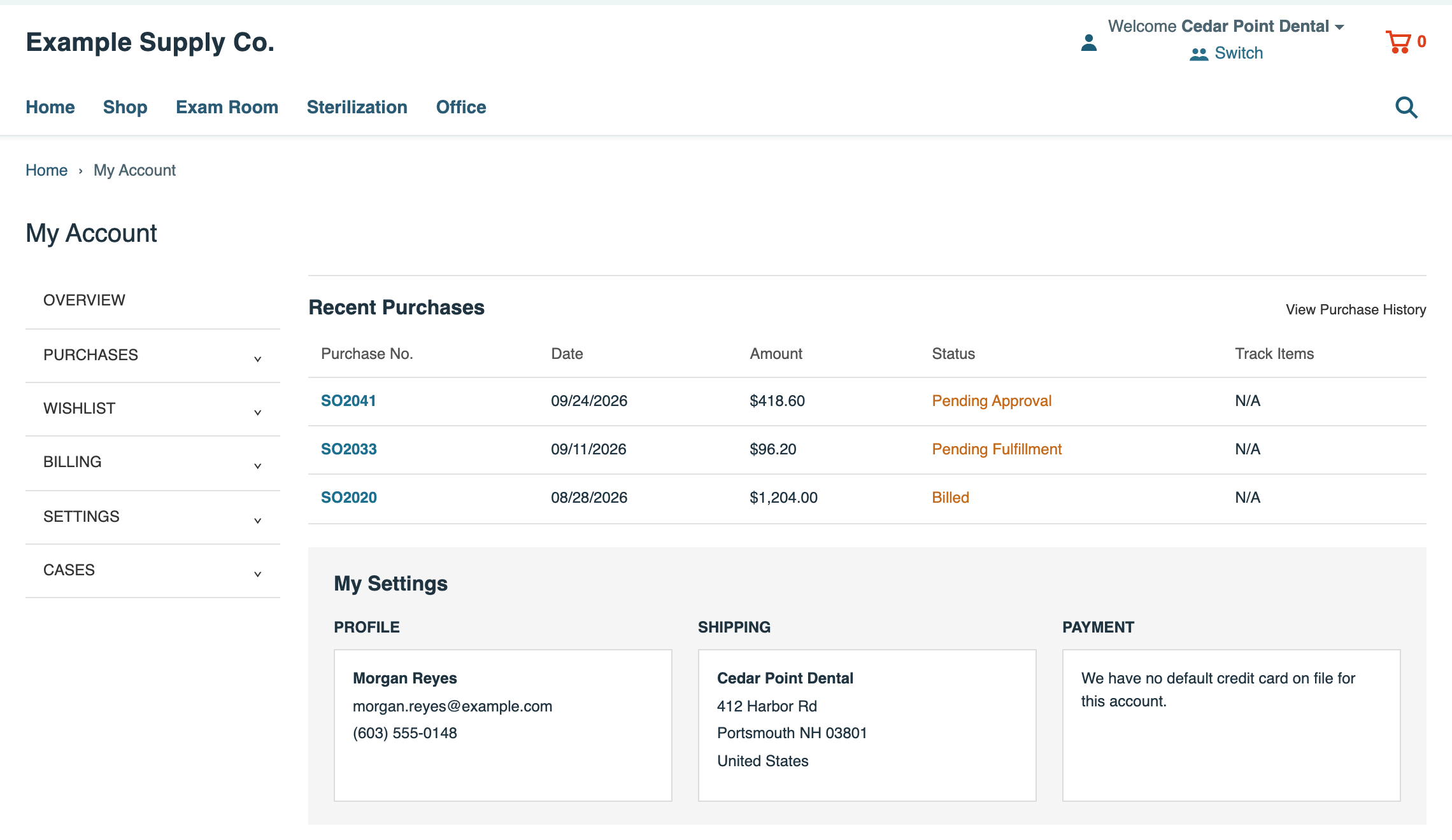 My Account with Welcome Cedar Point Dental and a Switch link in the header. Recent Purchases lists SO2041 $418.60, SO2033 $96.20, and SO2020 $1,204.00. Shipping shows Cedar Point Dental, 412 Harbor Rd, Portsmouth NH 03801.