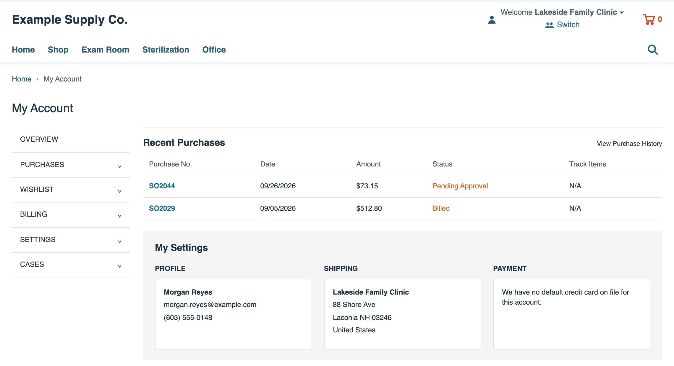 My Account with Welcome Lakeside Family Clinic. Recent Purchases lists SO2044 $73.15 and SO2029 $512.80. Shipping shows Lakeside Family Clinic, 88 Shore Ave, Laconia NH 03246. The profile is still Morgan Reyes.