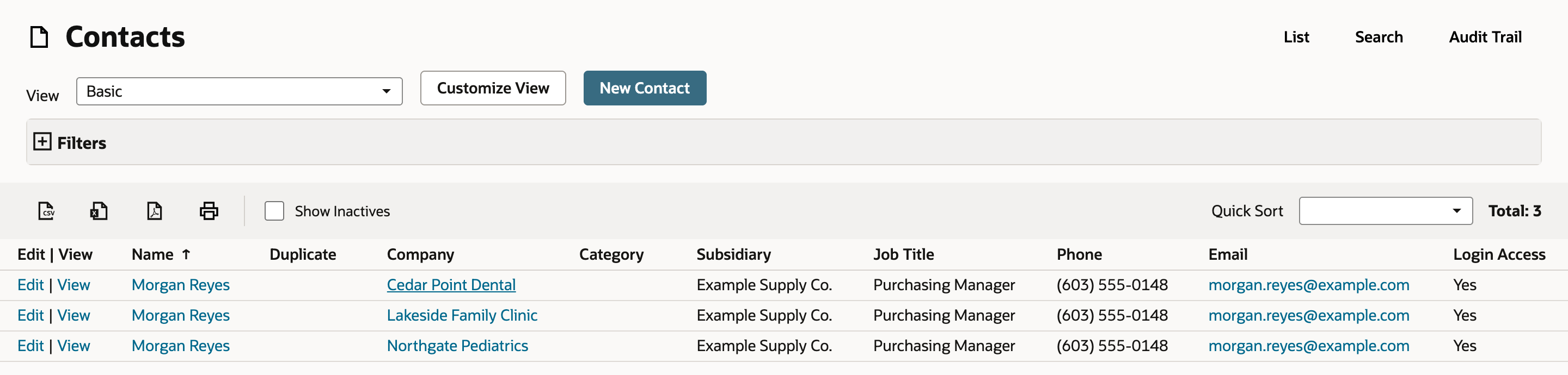 The Contacts list with Total: 3. Morgan Reyes appears three times, for Cedar Point Dental, Lakeside Family Clinic, and Northgate Pediatrics, each with email morgan.reyes@example.com and Login Access Yes.