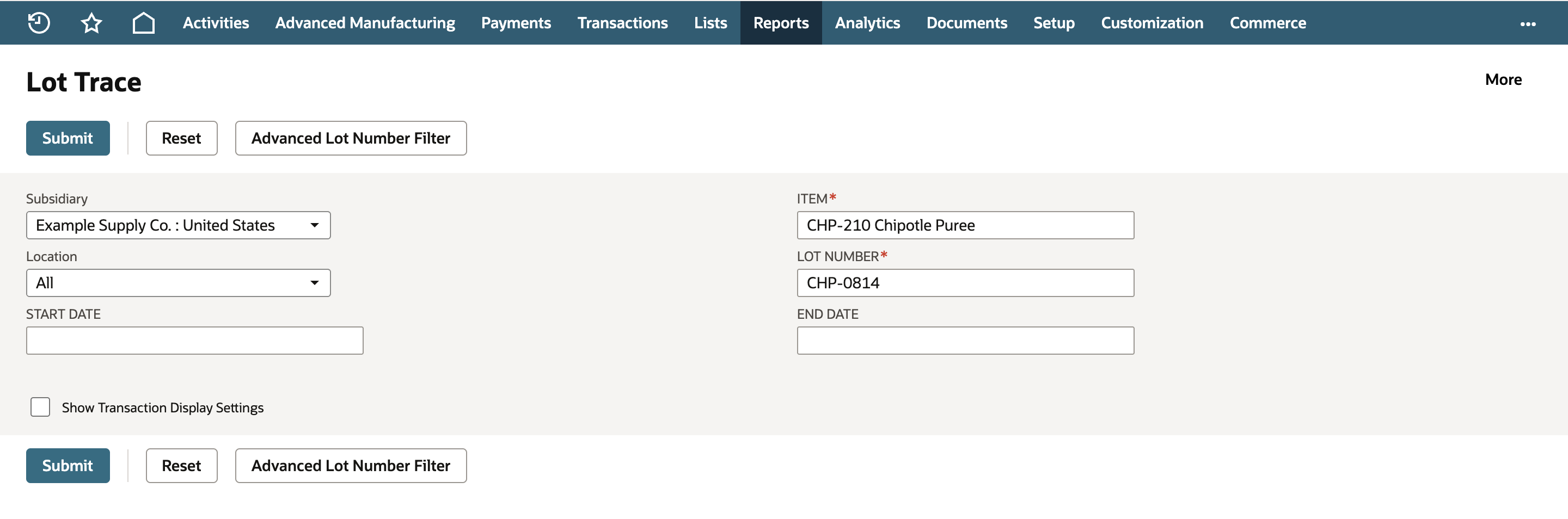 Lot Trace form with ITEM set to CHP-210 Chipotle Puree, LOT NUMBER set to CHP-0814 and marked by a red arrow, and the date fields empty.