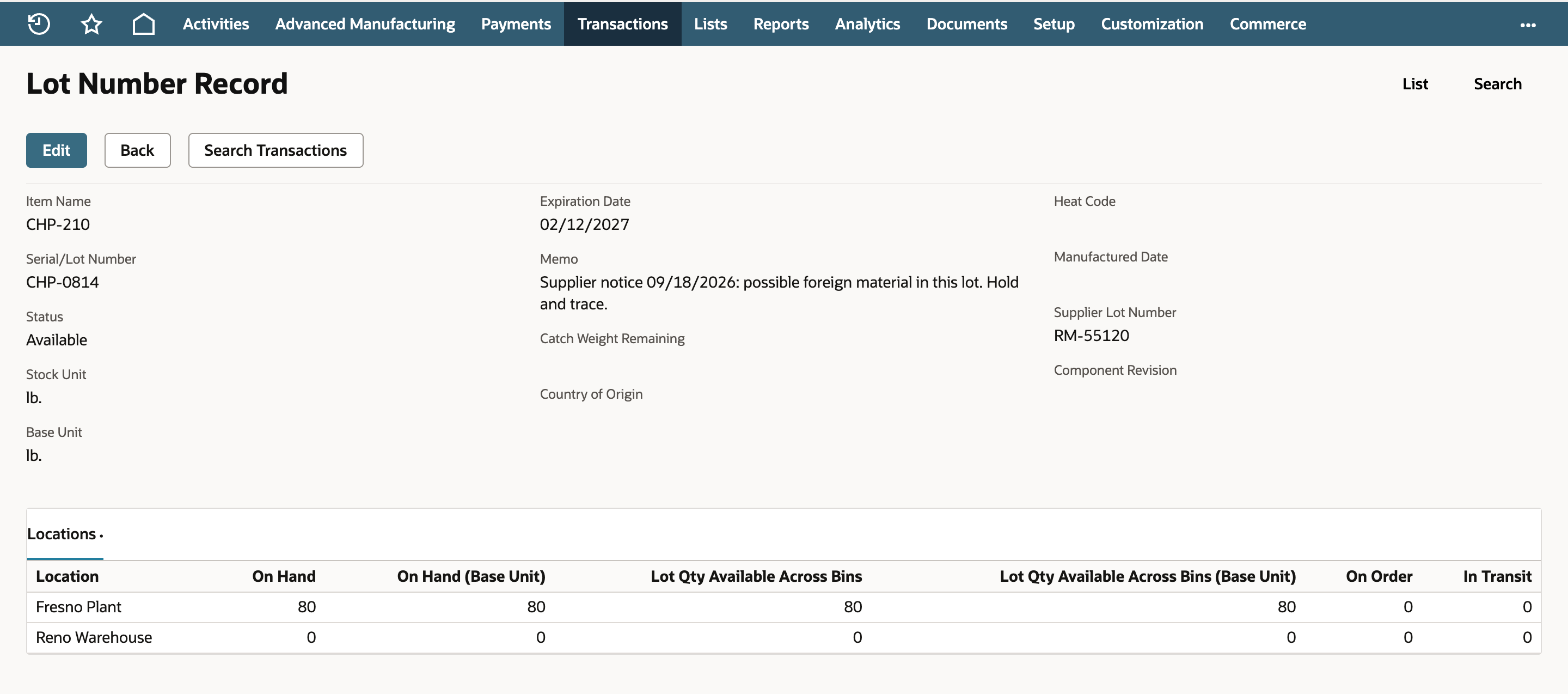 Lot Number Record for CHP-0814 with a red arrow pointing at the Memo, which reads Supplier notice 09/18/2026: possible foreign material in this lot. Hold and trace. The Locations table shows 80 on hand at Fresno Plant.