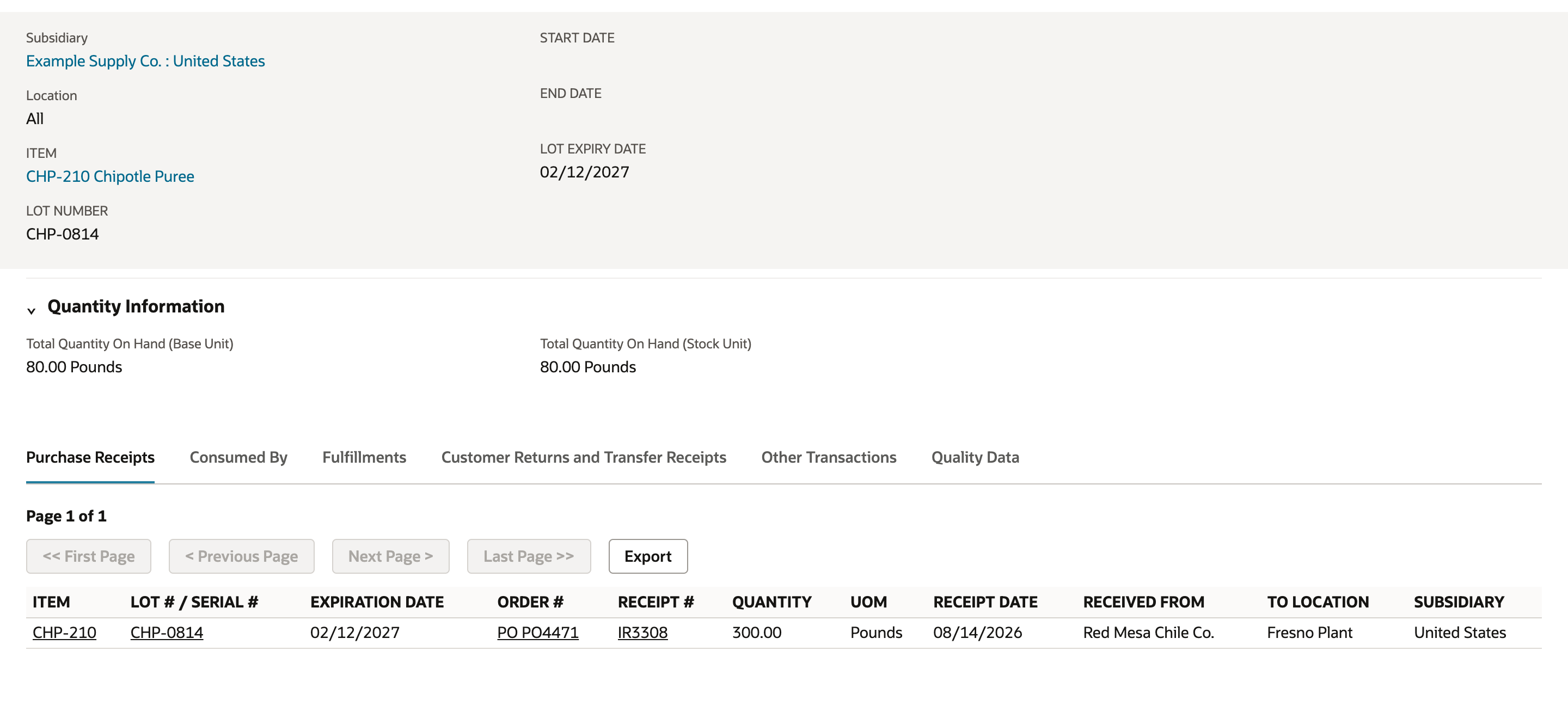 Lot Trace results for CHP-0814 with Total Quantity On Hand 80.00 Pounds and the Purchase Receipts subtab showing receipt IR3308 on PO PO4471 for 300.00 Pounds from Red Mesa Chile Co., with a red arrow pointing at the vendor.