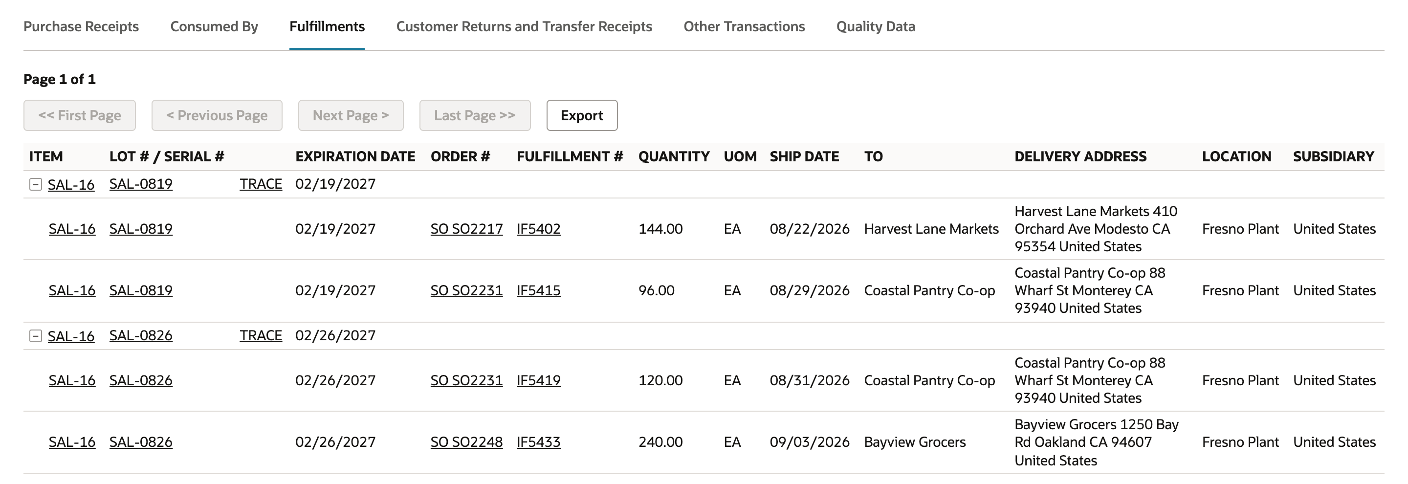 Lot Trace Fulfillments subtab with SAL-0819 and SAL-0826 expanded: IF5402 to Harvest Lane Markets on SO2217, IF5415 and IF5419 to Coastal Pantry Co-op on SO2231, and IF5433 to Bayview Grocers on SO2248.