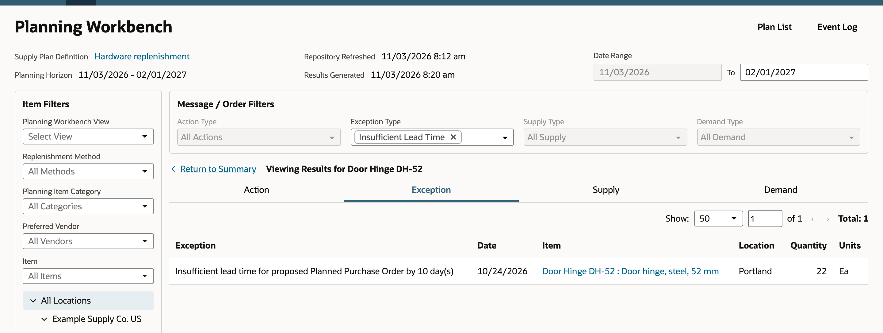 Planning Workbench Exception tab for Door Hinge DH-52 with the Exception Type filter set to Insufficient Lead Time and one row: Insufficient lead time for proposed Planned Purchase Order by 10 day(s), Date 10/24/2026, Portland, Quantity 22, Ea.