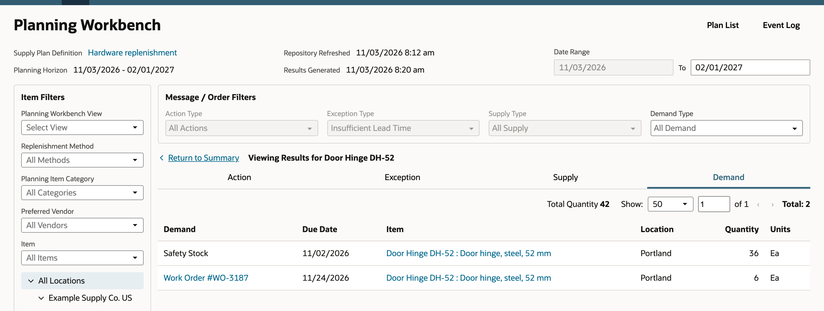 Planning Workbench Demand tab for Door Hinge DH-52 with two rows: Safety Stock, due 11/02/2026, quantity 36 Ea, and Work Order #WO-3187, due 11/24/2026, quantity 6 Ea. Total Quantity is 42.