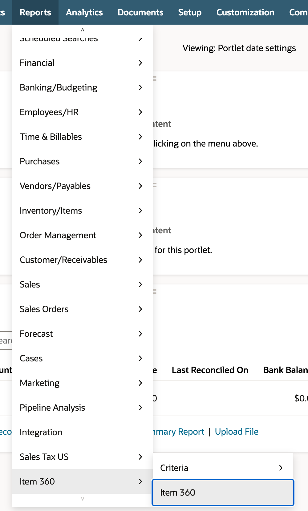 The Reports menu is open with Item 360 highlighted at the bottom. Its flyout shows Criteria and Item 360, and Item 360 is outlined.