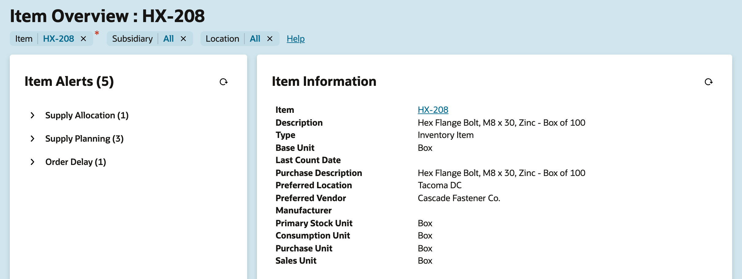 Item Overview : HX-208 with the pills Item HX-208, Subsidiary All and Location All. Item Alerts (5) lists Supply Allocation (1), Supply Planning (3) and Order Delay (1). Item Information shows Preferred Location Tacoma DC and Preferred Vendor Cascade Fastener Co.