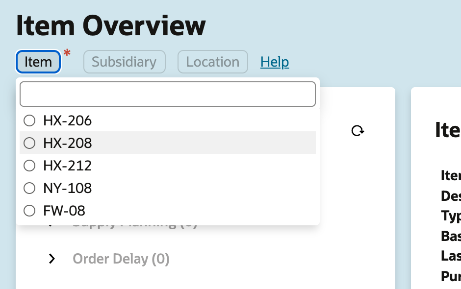 The Item pill's list is open under a search box, showing HX-206, HX-208, HX-212, NY-108 and FW-08. An arrow points to HX-208.