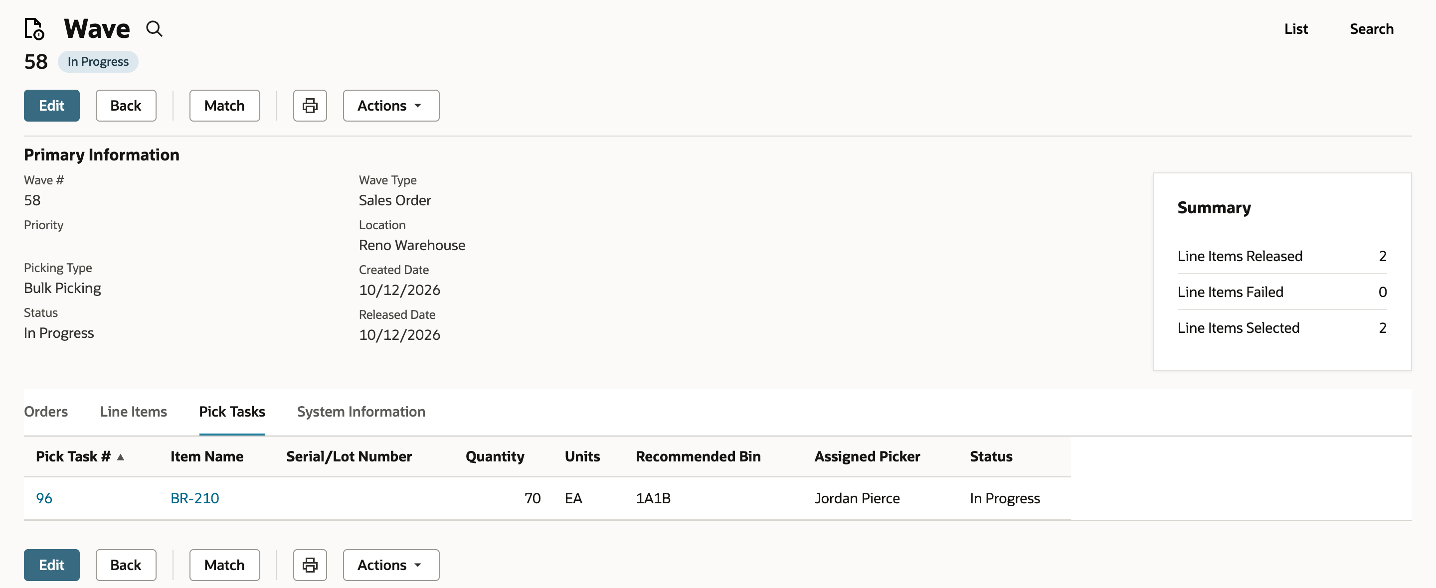 NetSuite Wave 58 Pick Tasks tab listing pick task 96 for BR-210 with quantity 70, recommended bin 1A1B, assigned picker Jordan Pierce and status In Progress