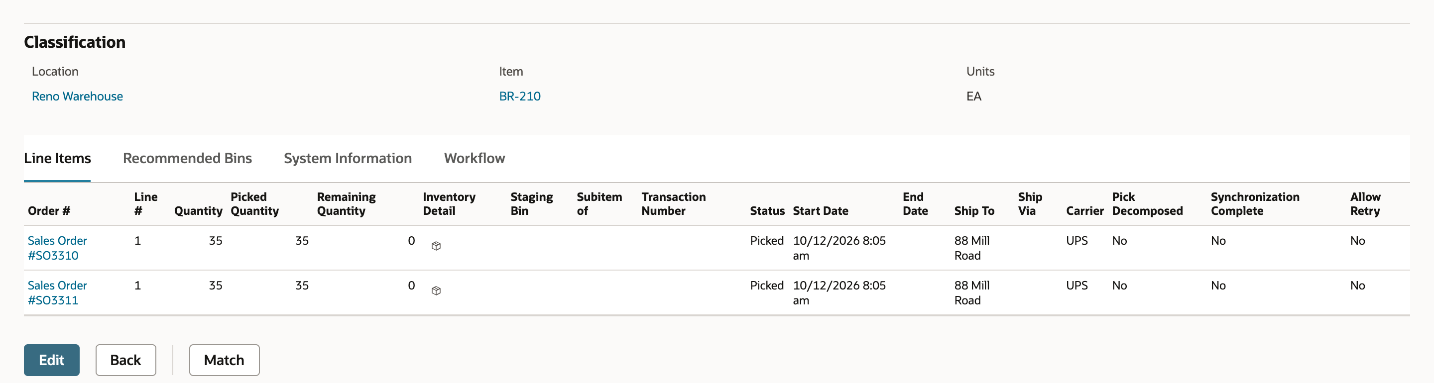 NetSuite Pick Task 96 Line Items showing SO3310 and SO3311 with Picked Quantity 35, Remaining Quantity 0, Status Picked, Synchronization Complete No and Allow Retry No