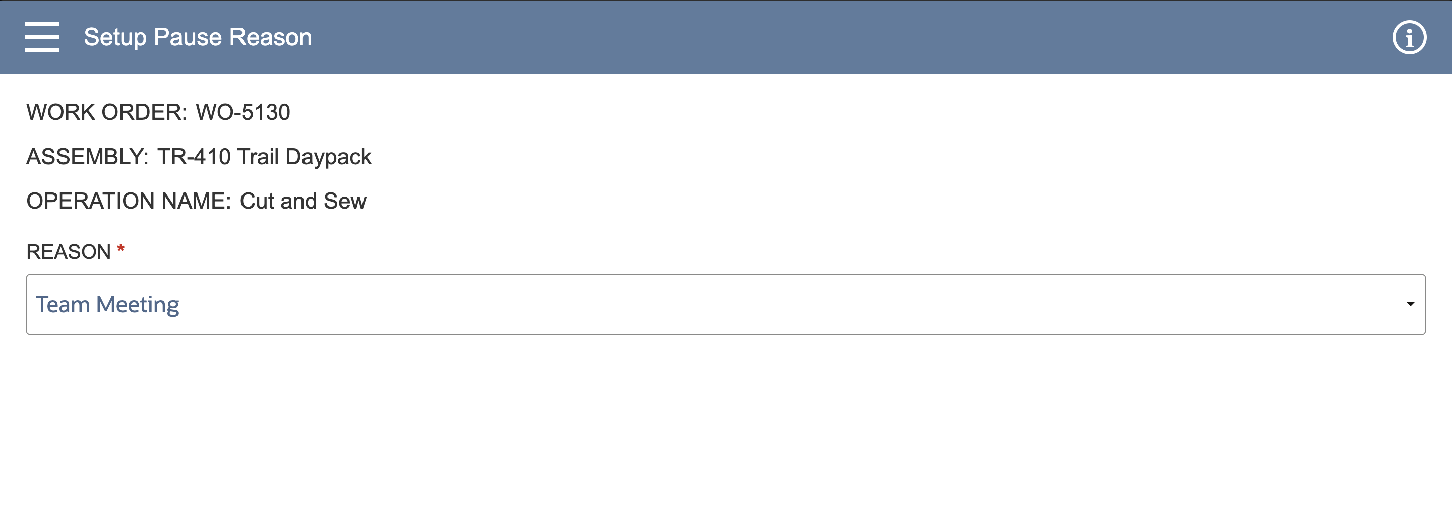 Setup Pause Reason page with the Reason field set to Team Meeting and a Confirm button.
