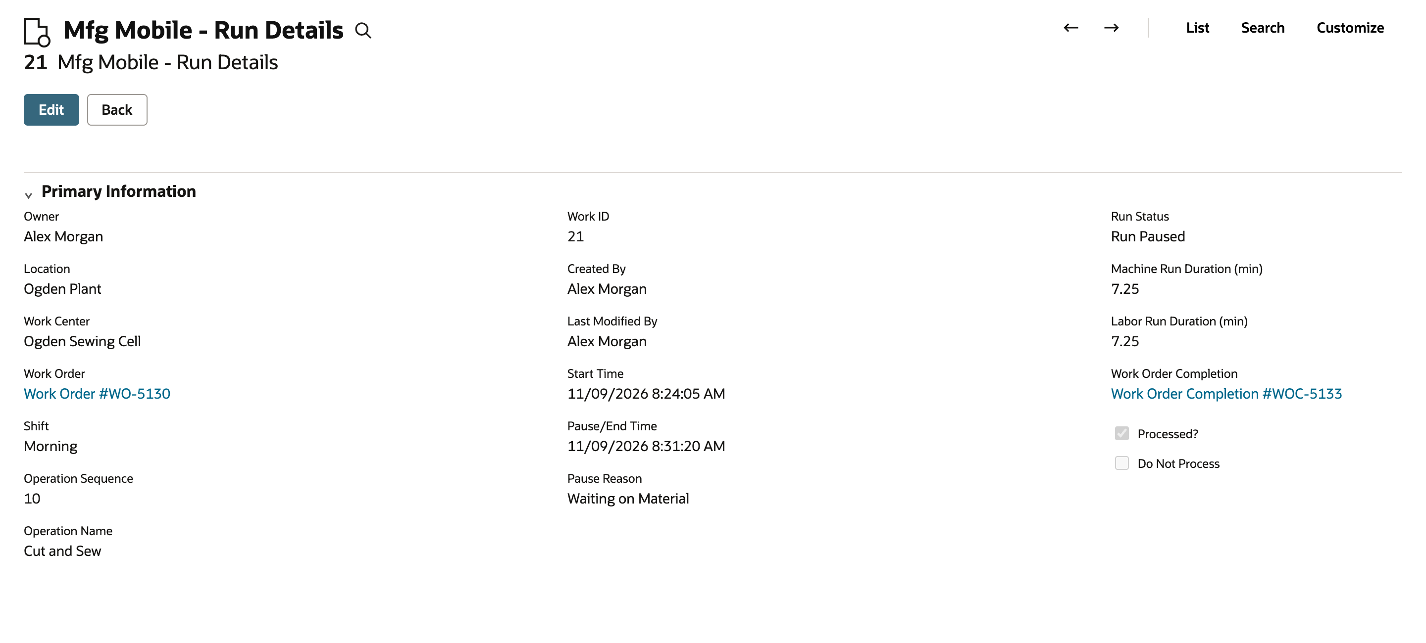 Mfg Mobile - Run Details record 21 with pause reason Waiting on Material, run status Run Paused and a link to Work Order Completion WOC-5133. An arrow points to the Work Order Completion link.