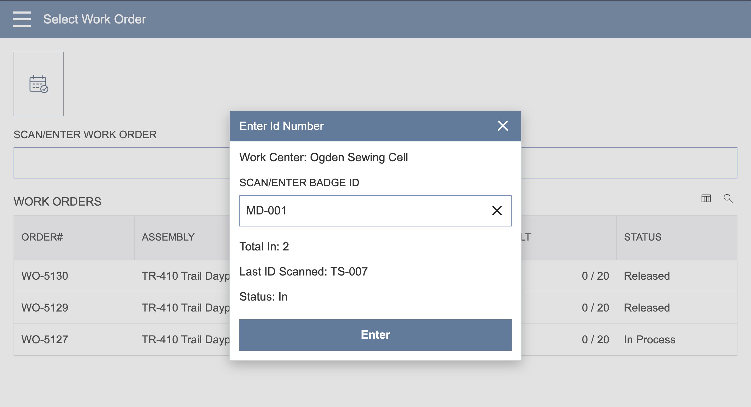 Enter Id Number dialog over Select Work Order with Work Center Ogden Sewing Cell, the badge ID MD-001 typed in and an Enter button.
