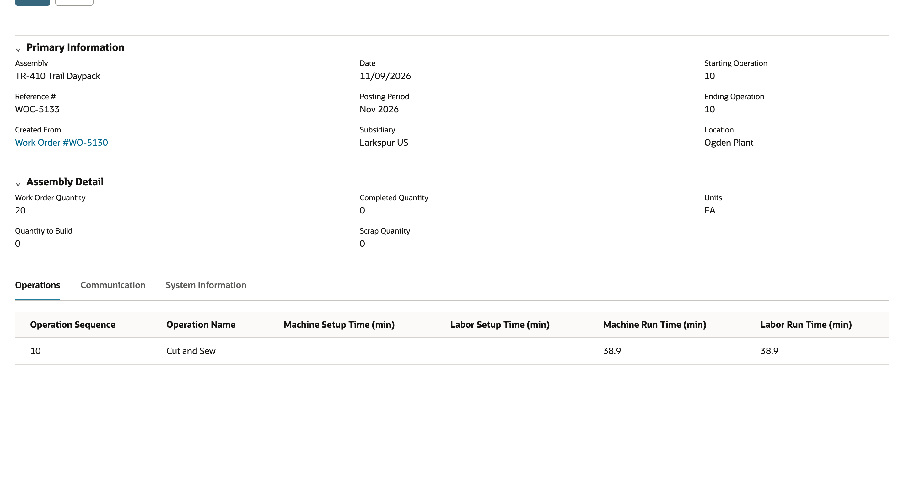 Work Order Completion WOC-5133 Operations subtab with Machine Run Time and Labor Run Time of 38.9 minutes. An arrow points to the machine run time.