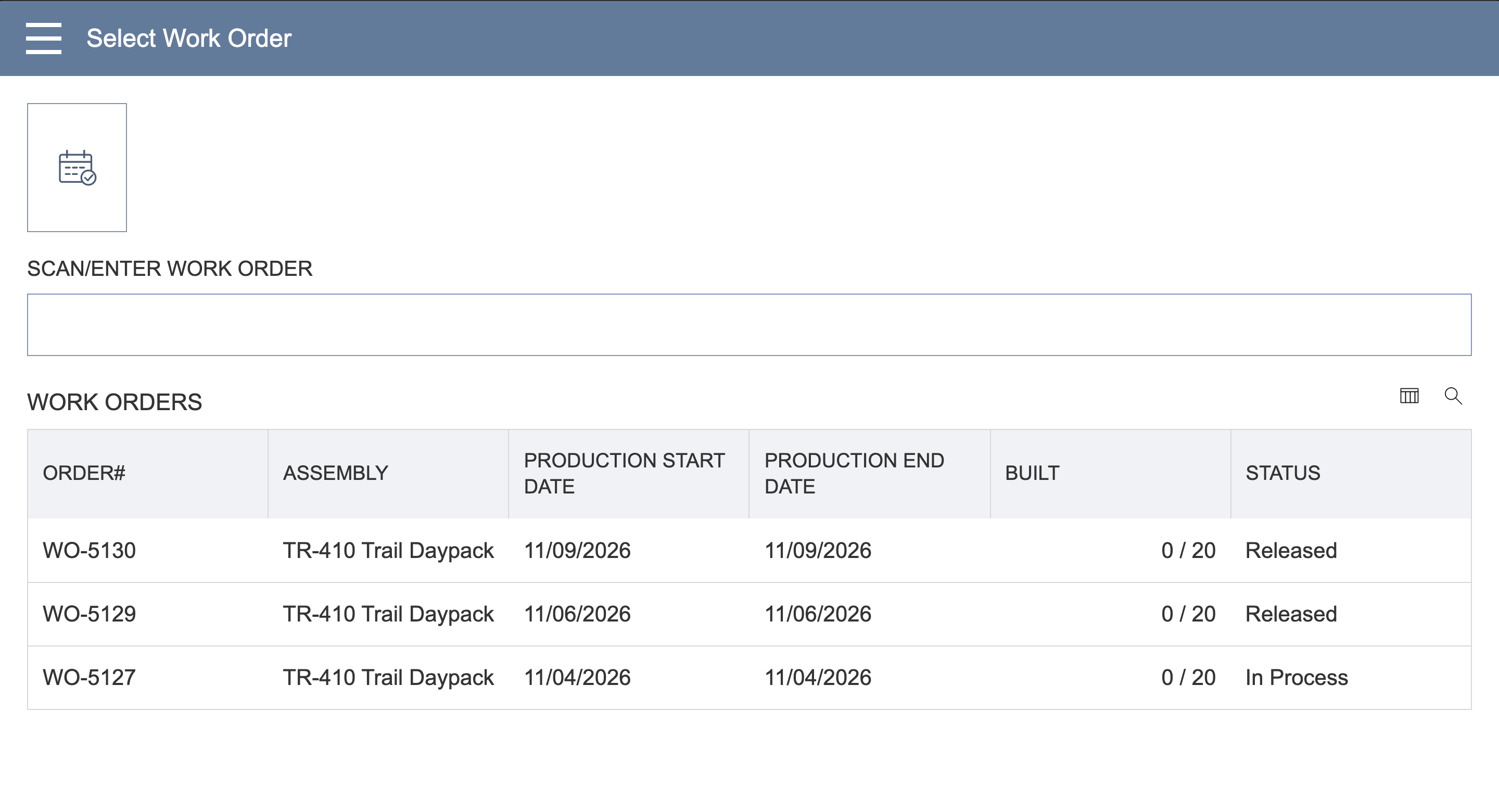 Select Work Order list with WO-5130, WO-5129 and WO-5127. An arrow points to WO-5130.
