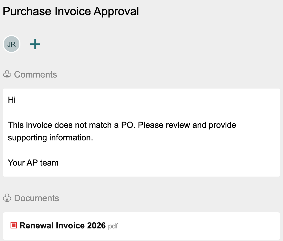 The applied template supplies a Purchase Invoice Approval title and human review request while retaining the invoice PDF.