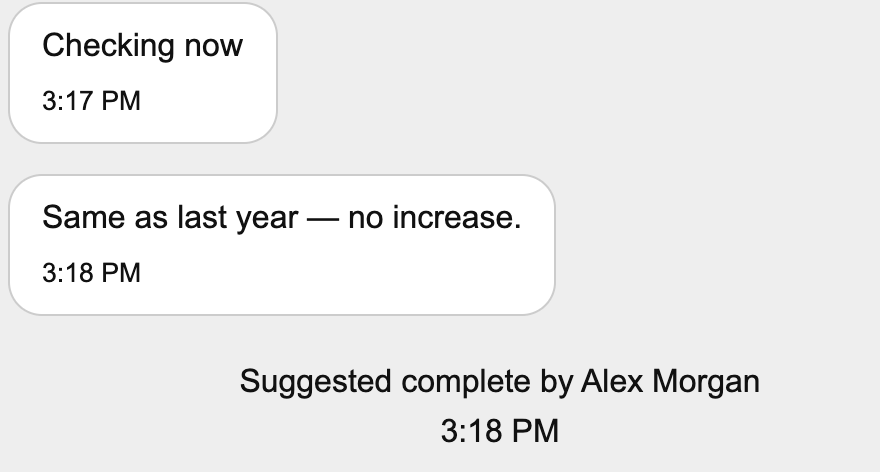 The thread contains two assignee comments followed by Suggested complete by Alex Morgan at 3:18 PM.