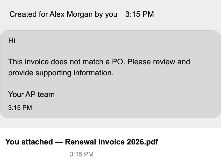 The saved thread records creation for Alex Morgan, the review request and the invoice attachment.