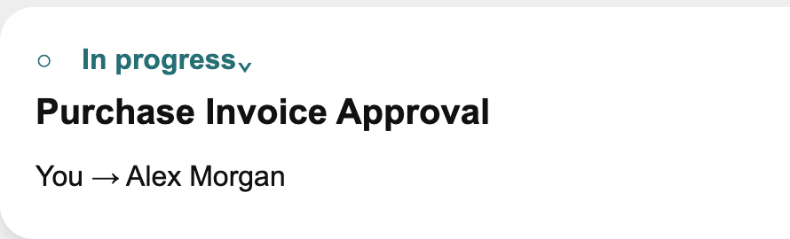 The Workiro card shows Purchase Invoice Approval In progress and assigned to Alex Morgan.