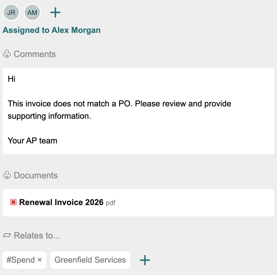The task draft is assigned to Alex Morgan and related to Greenfield Services, with the invoice retained.