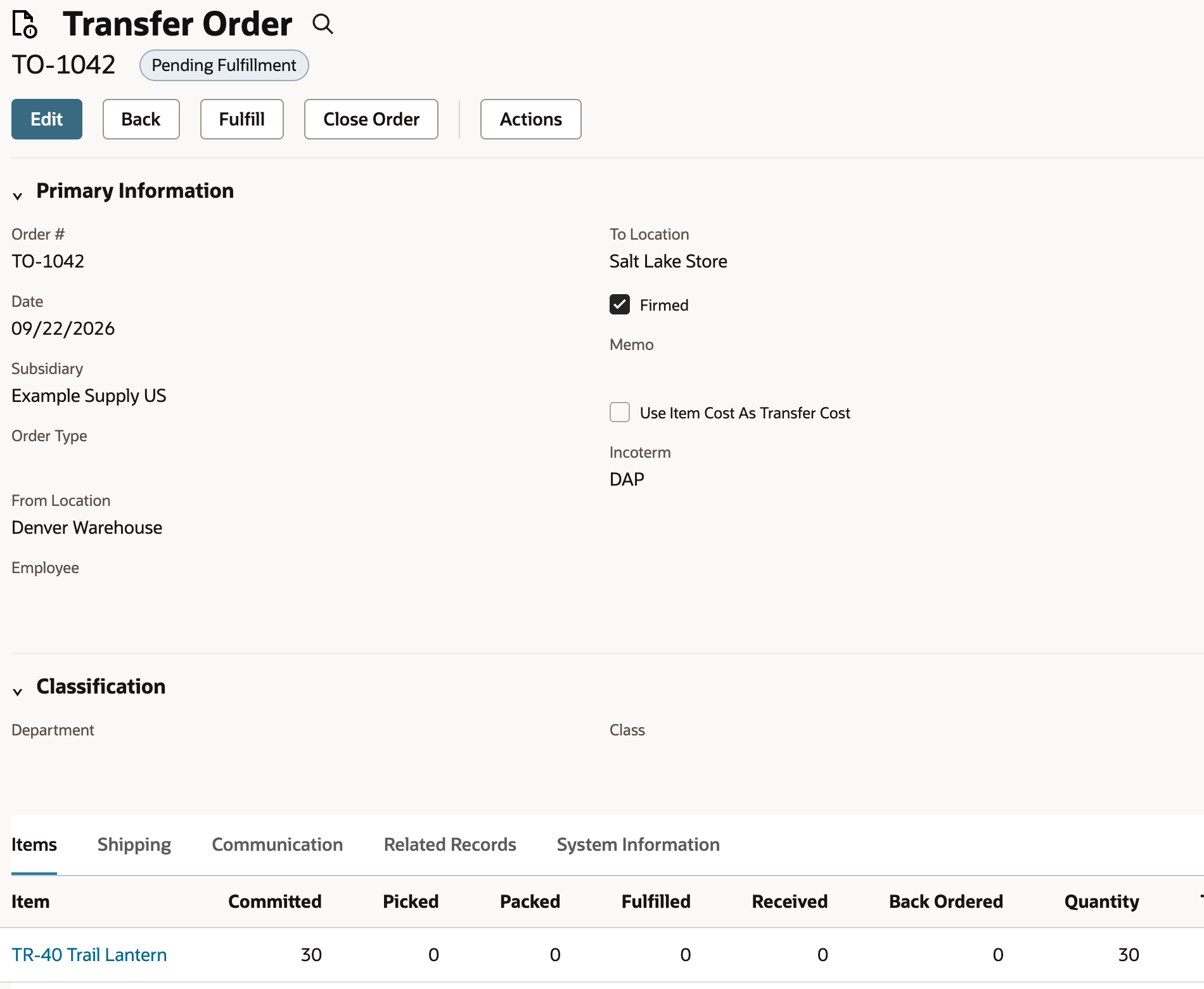 Transfer order TO-1042 in Pending Fulfillment status with 30 committed and 0 fulfilled on the TR-40 Trail Lantern line