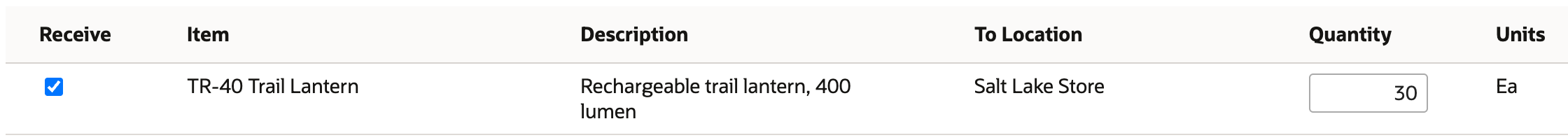 Item receipt line with Receive checked for TR-40 Trail Lantern, To Location Salt Lake Store, quantity 30