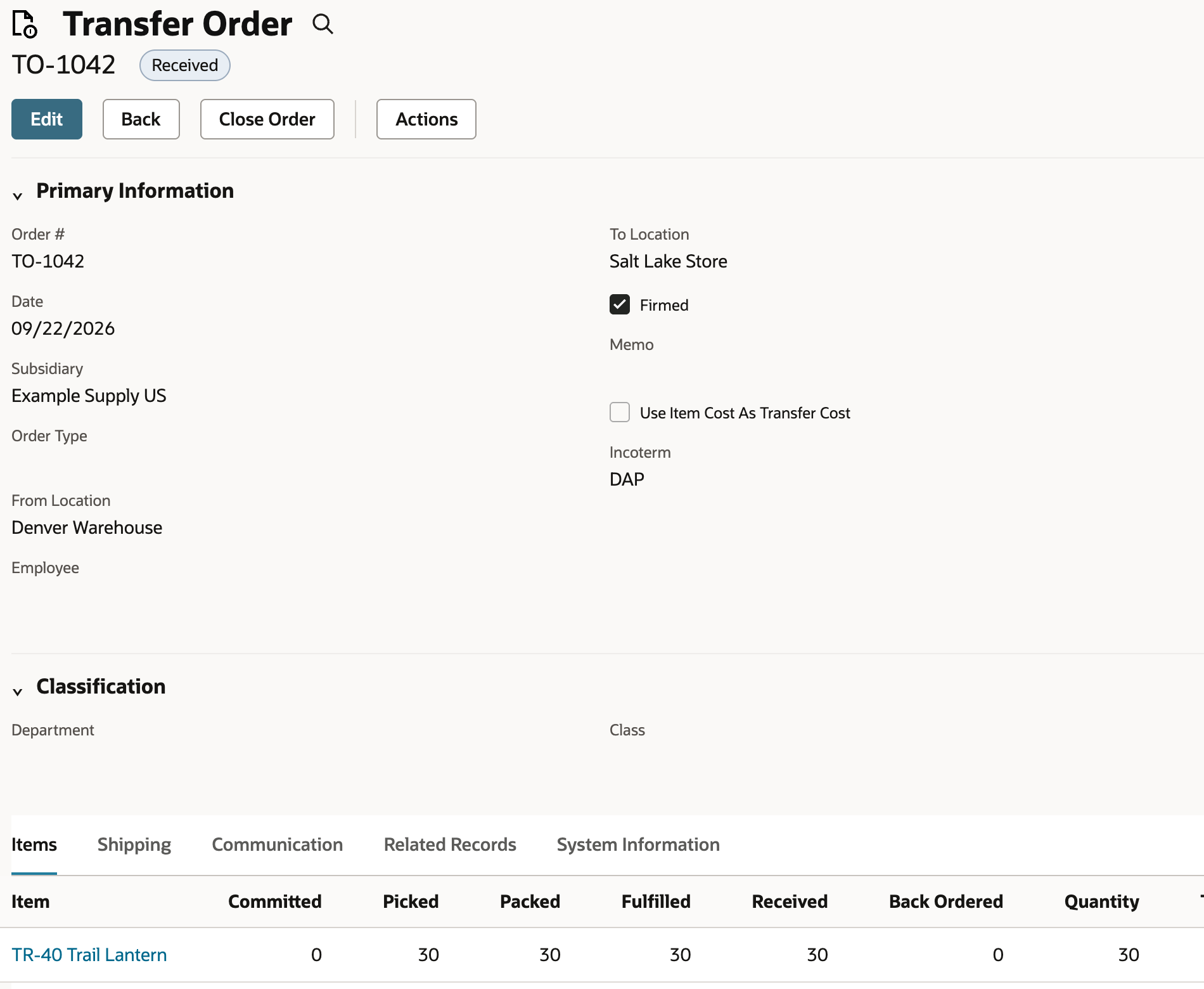 Transfer order TO-1042 in Received status with 30 fulfilled and 30 received on the line