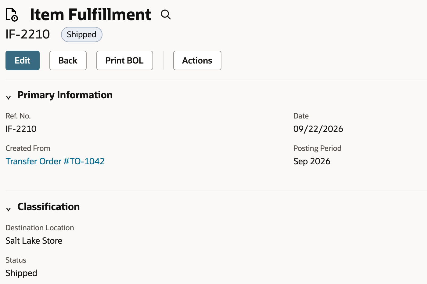 Saved item fulfillment IF-2210 with Shipped status, created from Transfer Order TO-1042, destination Salt Lake Store