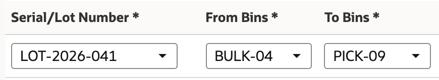Inventory Detail assigning LOT-2026-041 from BULK-04 to PICK-09 with Good status and quantity eight
