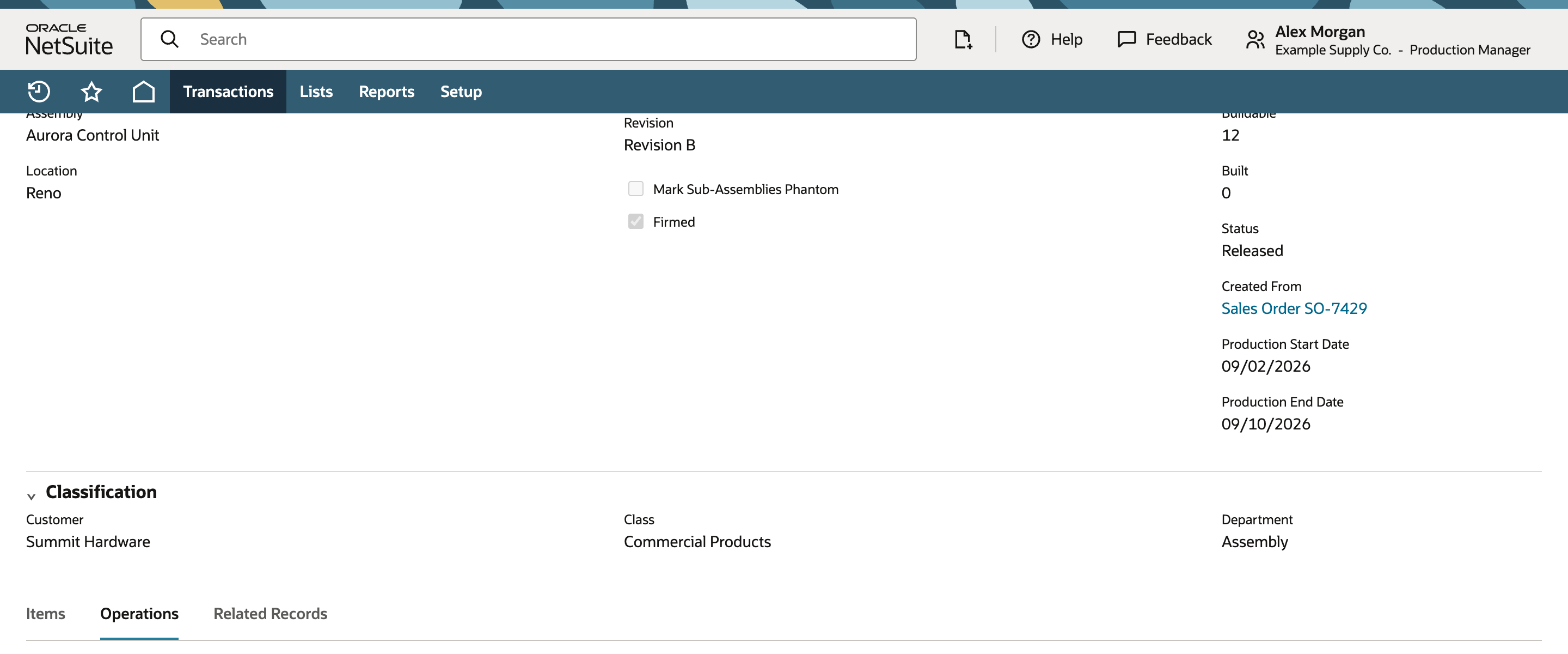 NetSuite work order Operations tab showing Cut Prep and Final Assembly work centers