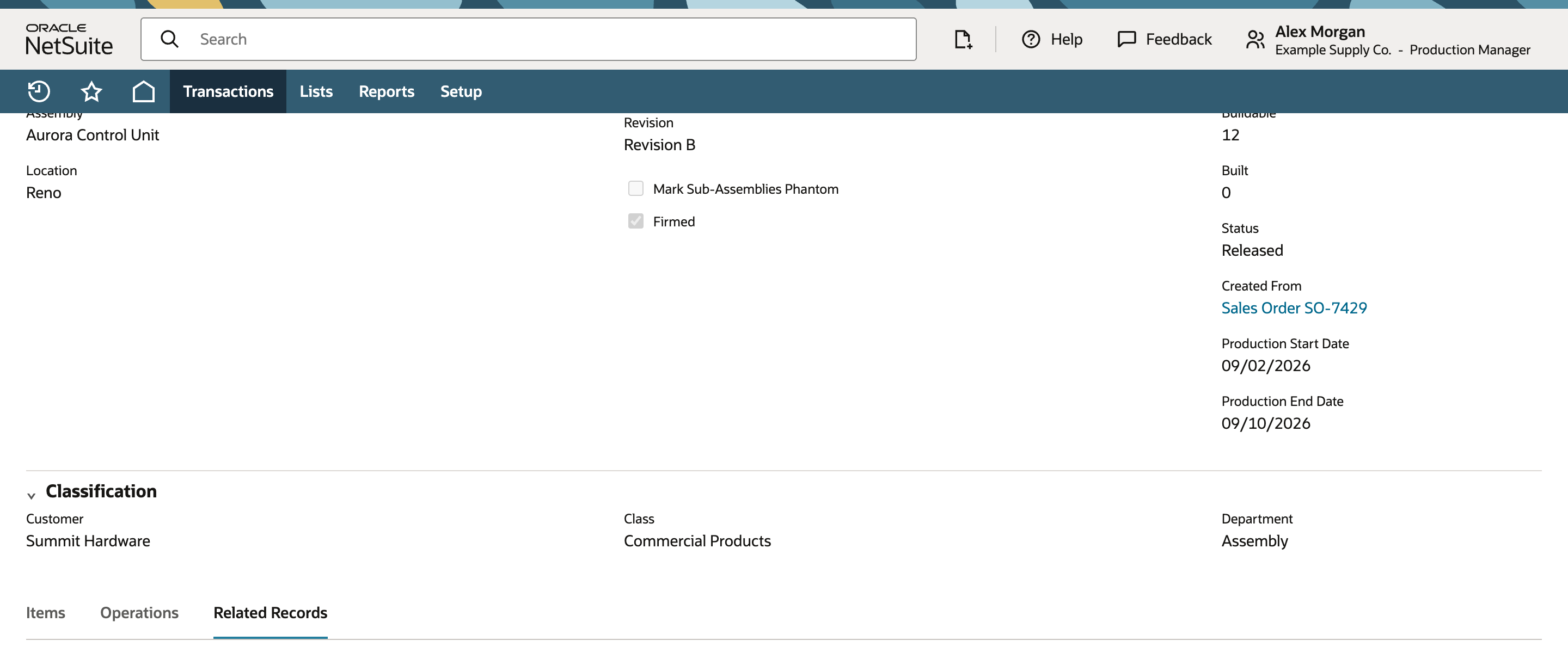 NetSuite Related Records tab showing no visible Work Order Issue, Work Order Completion, or Assembly Build
