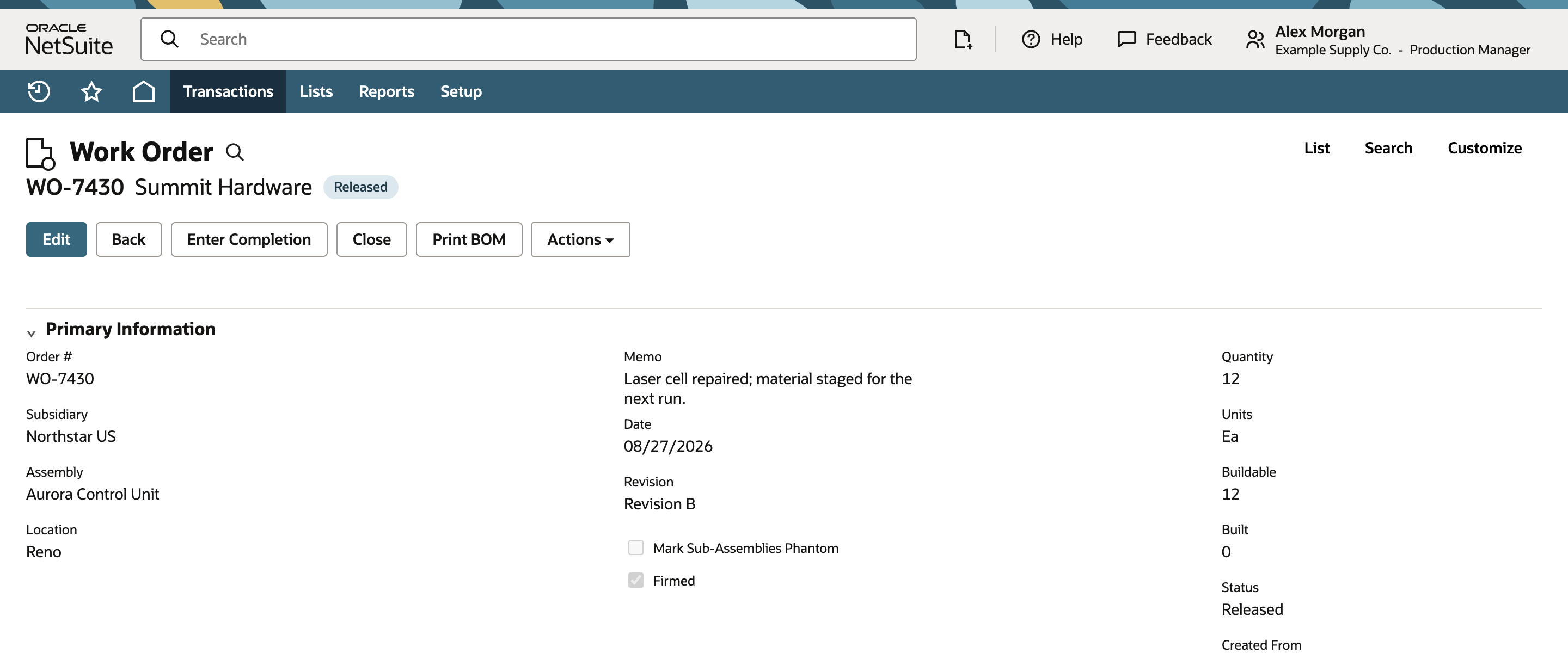 NetSuite work order WO-7430 showing Sales Order SO-7429, Released status, quantity twelve, and Built zero