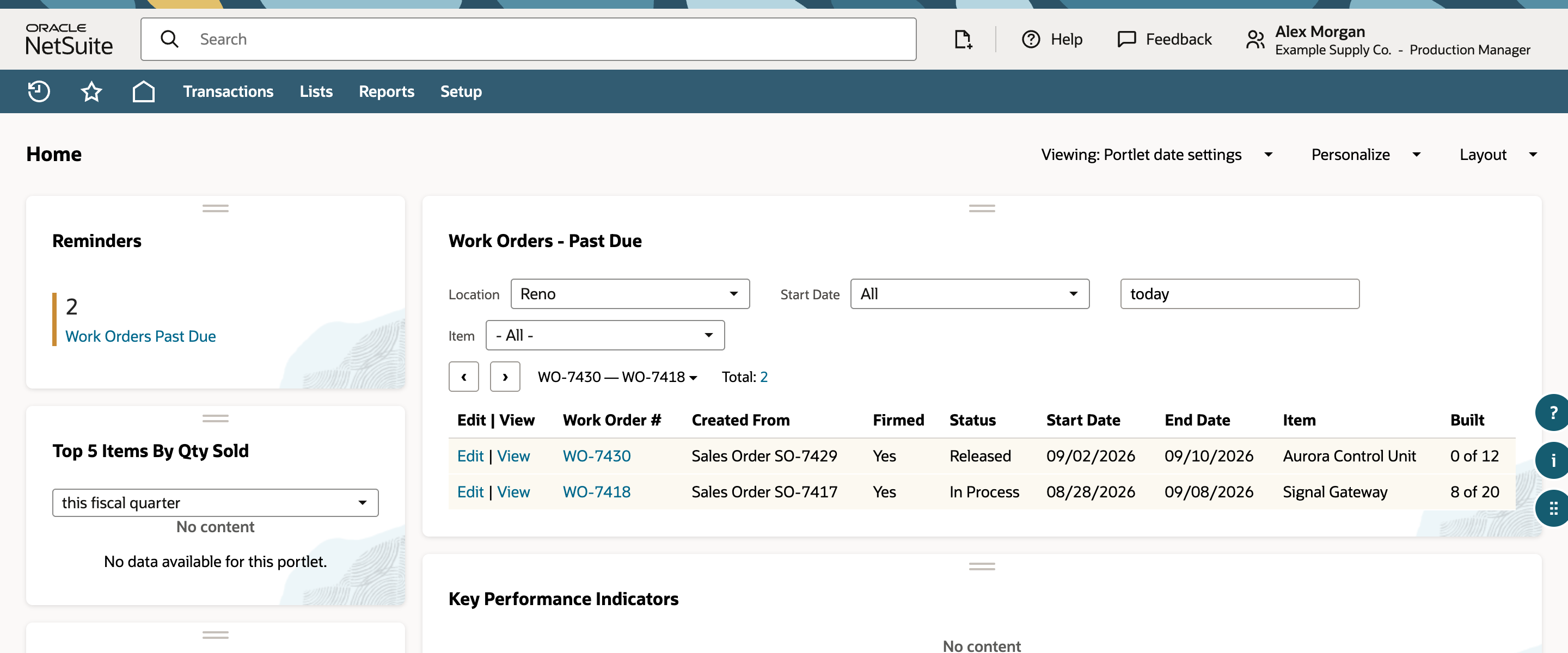 NetSuite Work Orders Past Due dashboard portlet showing WO-7430 at Built zero of twelve